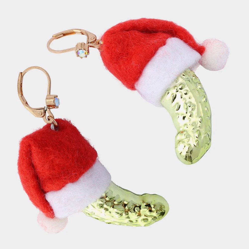 Betsey Johnson Santa Baby Green Pickle Wearings Santa Hat Drop  Earrings